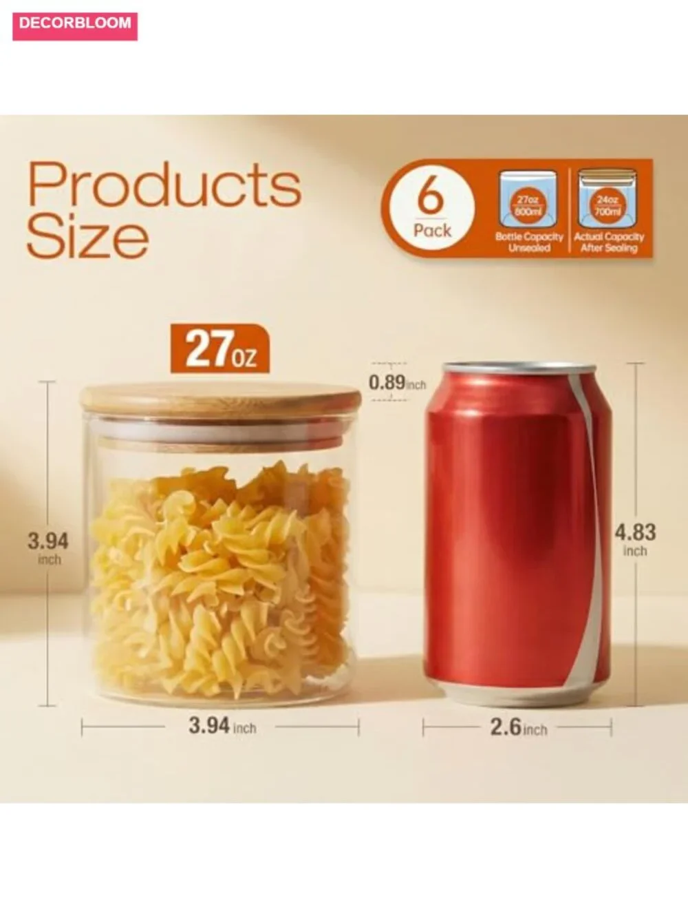 Set of 6 Glass Jars with Bamboo Lids, Airtight Food Storage Canisters, 27 oz
